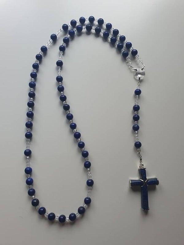 Rozenkrans - Paternoster met Halfedelsteen Lapis Lazuli kruis en kralen & Swarovski kristallen.