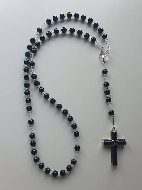 Rozenkrans - Paternoster met Halfedelsteen Zwarte Agaat kruis en kralen & Swarovski kristallen.