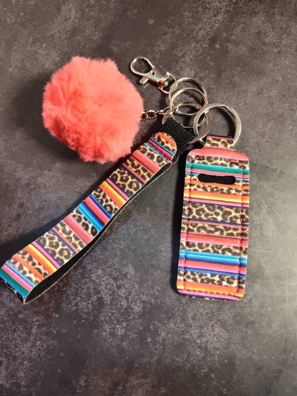 Clutch lanyard, ChapStick holder keychain (multi colored/leopard)