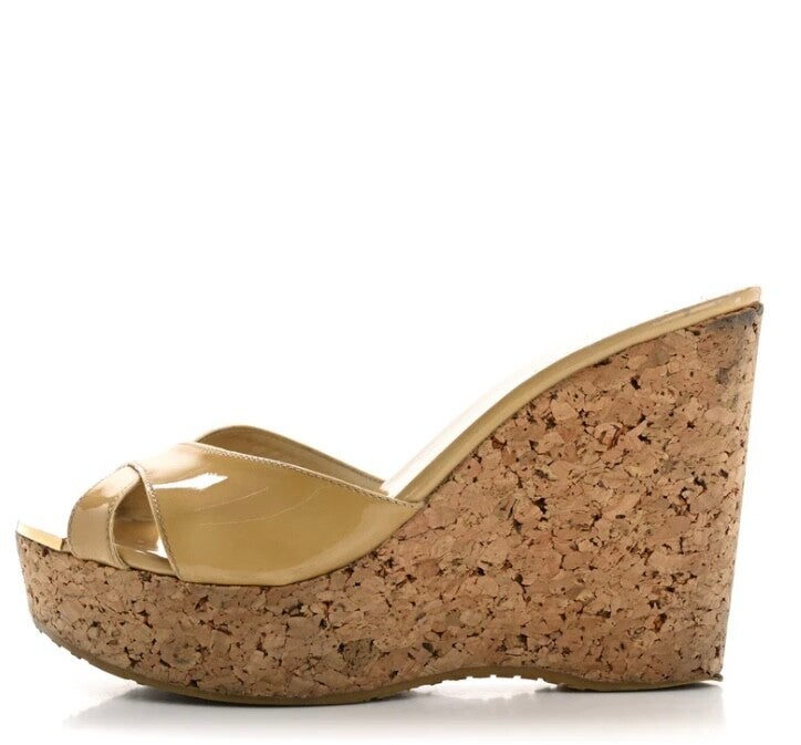 Patent Calfskin Perfume Cork Wedge Scandals 38 Nude
