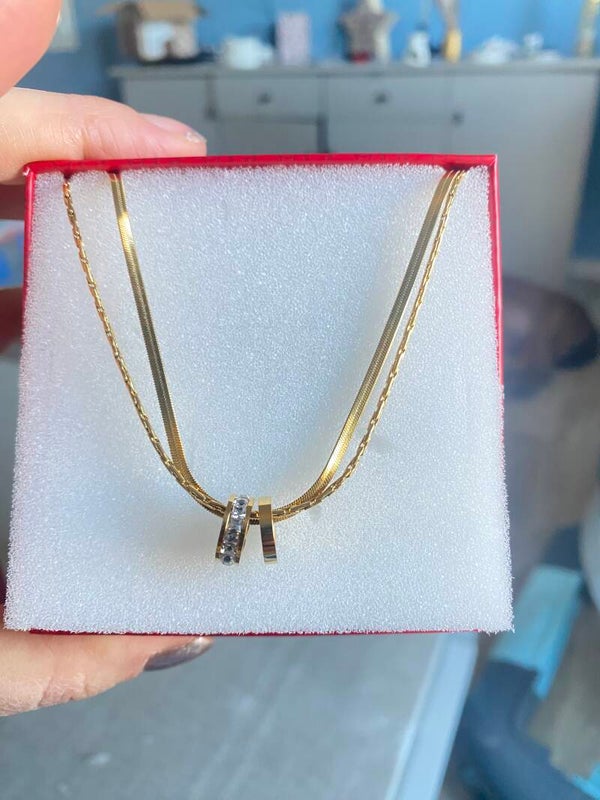 Collier acier inoxydable doré avec anneau strass chaîne fine