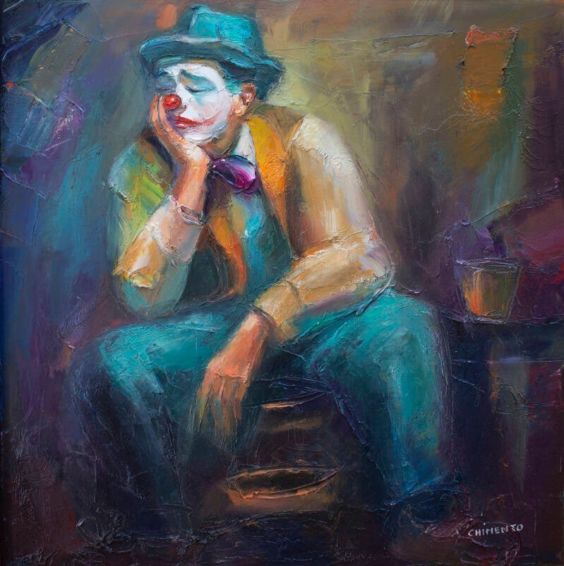 Le clown mélancolique/Huile sur toile enchâssée/50 x 50cm/ Collection privée