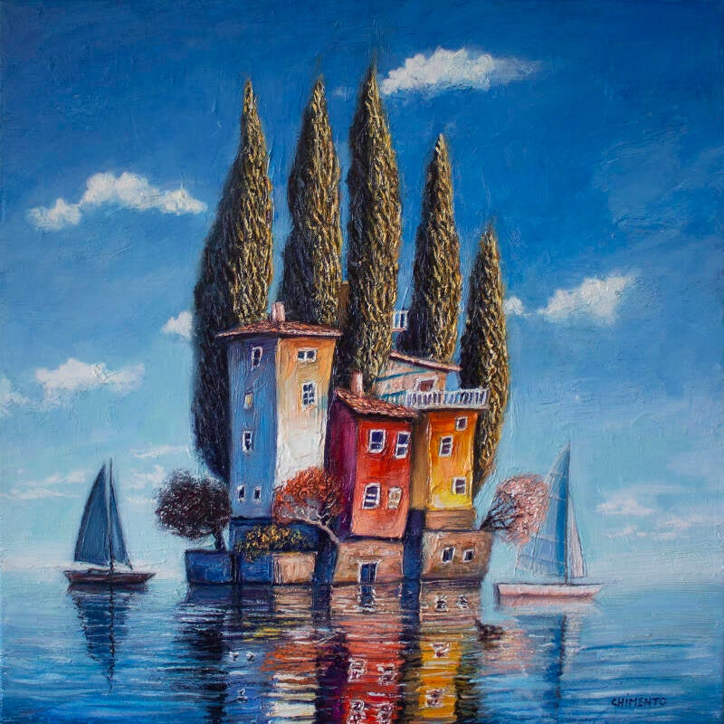 Le hameau sur l'eau/Huile sur toile enchâssée  / 50x50cm