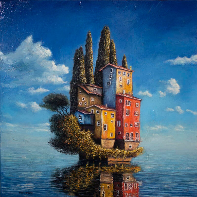 Le hameau sur la mer/Huile sur toile enchâssée/50 x 50cm/Collection privée