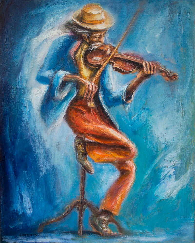 Le violoniste vagabond/Huile sur toile enchâssée  / 40x50cm