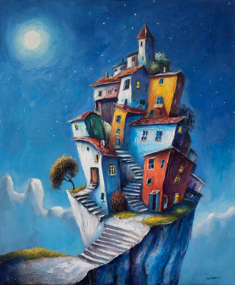 un-village-au-dessus-des-nuages/Huile sur toile enchâssée  / 73x60cm