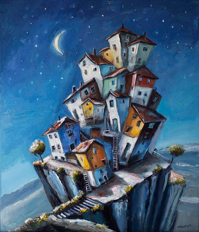 Village au croissant de lune/Huile sur toile enchâssée/60 x 73cm/ Collection privée