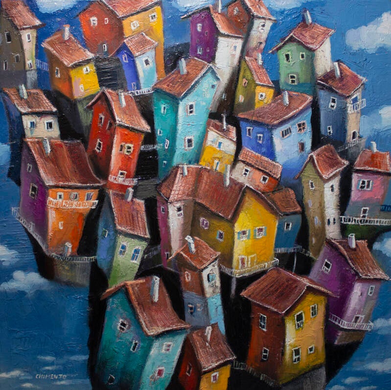 Un village dans les nuage/Huile sur toile enchâssée  / 50x50cm