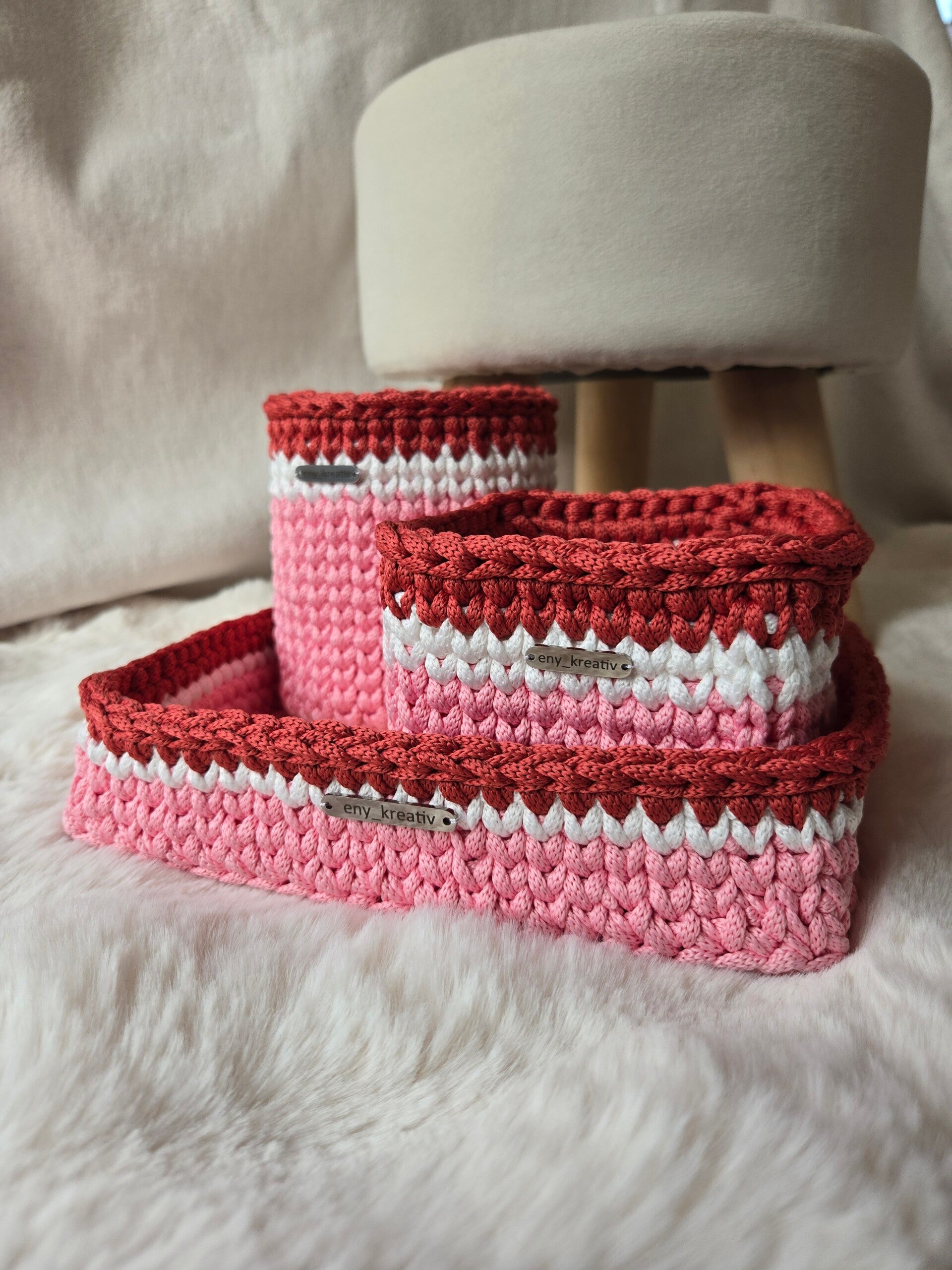 3er Korbset pink/weiss/cremerot