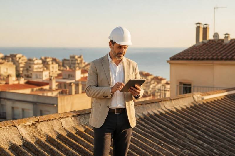 Técnico revisando la cubierta de un edificio en Tarragona para emitir el certificado de amianto