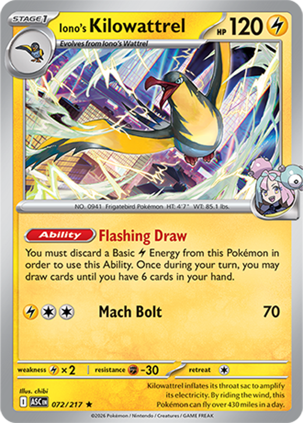 Iono's Kilowattrel 072/217 Holo Ascended Heroes