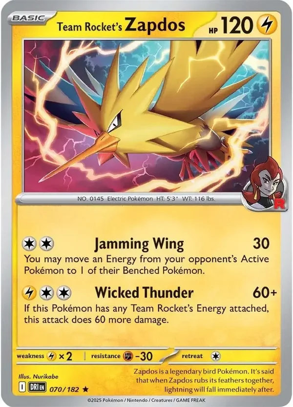 Team Rocket's Zapdos 070/182 Holo Destined Rivals