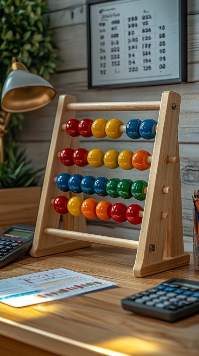 Colourful abacus on a desk, representing bookkeeping and accounting