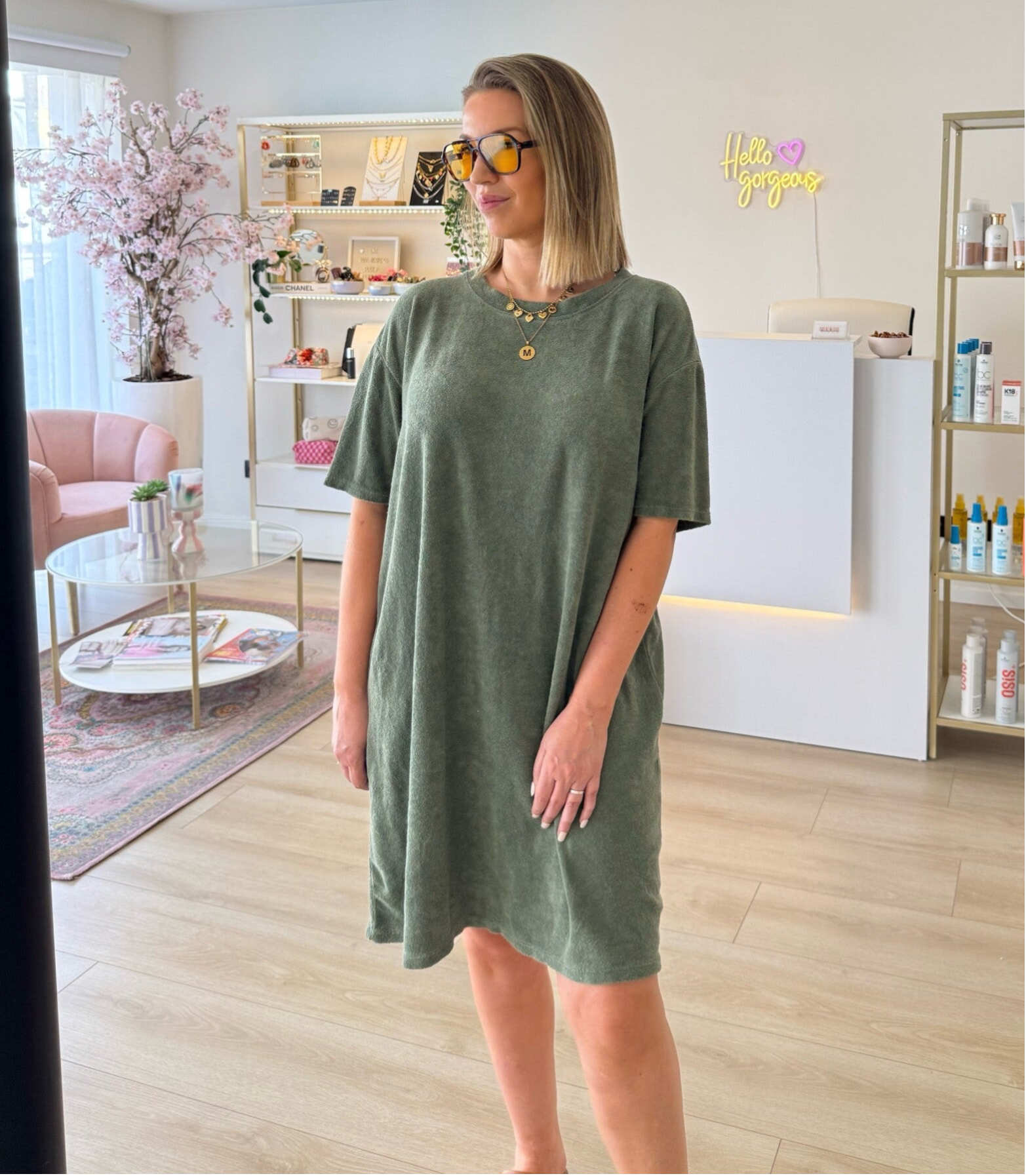 Jill badstof (spons) short dress kaki