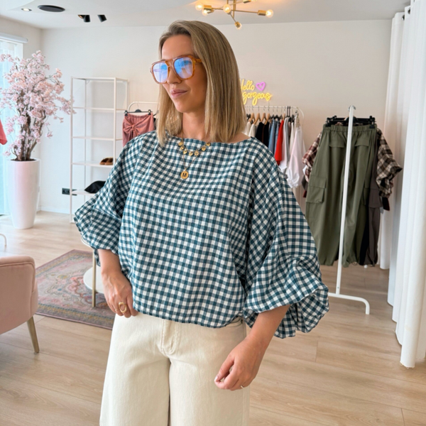 Mona checkered blouse jeans-blue
