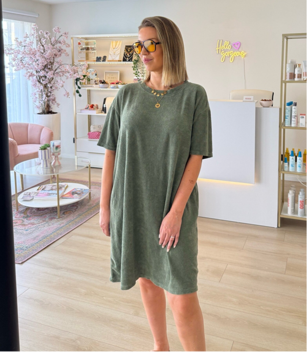 Jill badstof (spons) short dress kaki