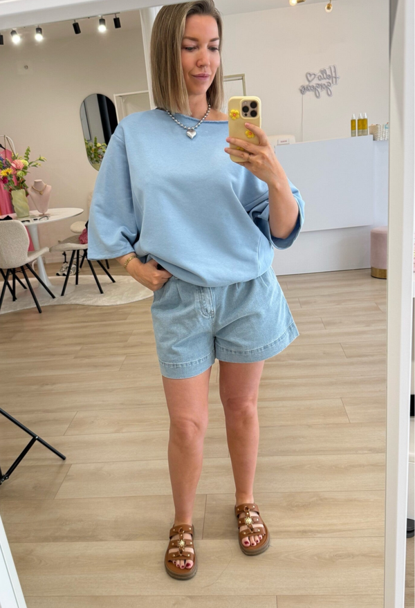 T-shirt pull off shoulder blauw