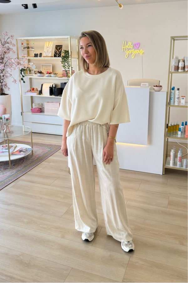 linnen broek met subtiel parelmoer glansje