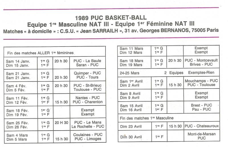 Calendrier Equipes 1 F &amp; G  88-89