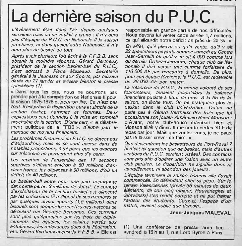 L&#039;Equipe Basket Hebdo 1975