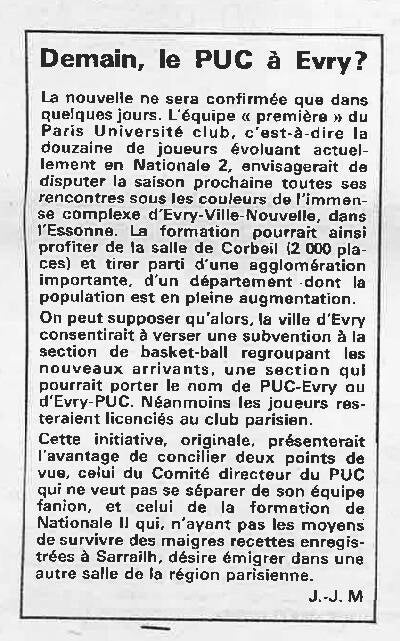 L&#039;Equipe Basket Hebdo 1975