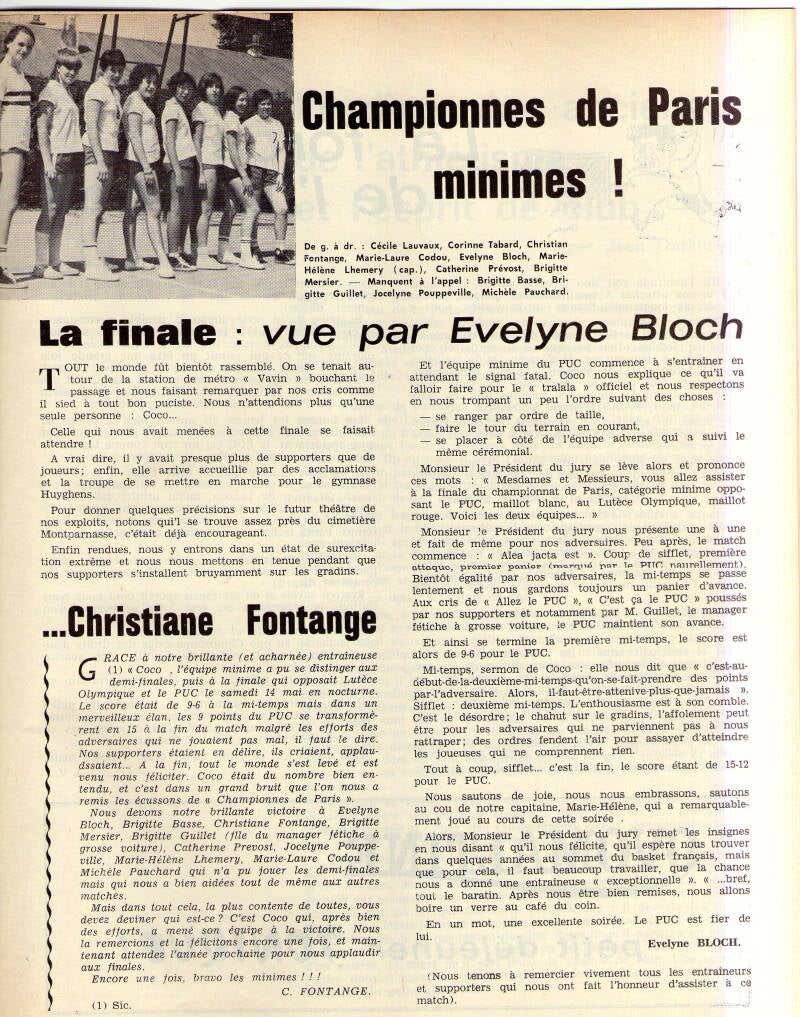 Minimes Filles Championnes de Paris 1966