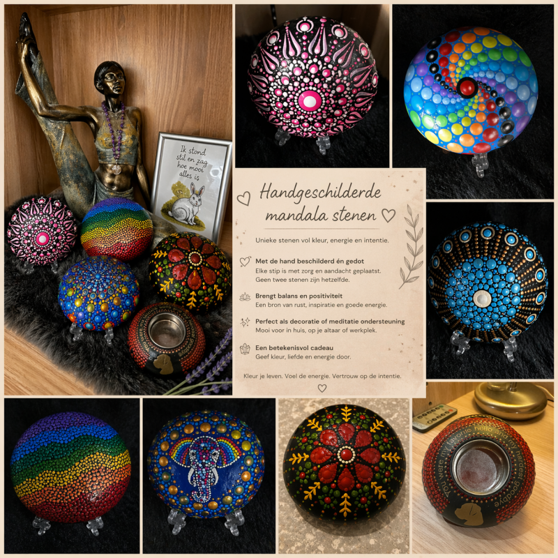 Gedotte handbeschilderde unieke mandala stenen en kandelaars waxinelicht houders