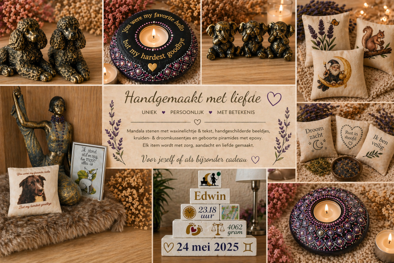 Mandala stenen met waxinelichtje & tekst, handgeschilderde beeldjes, kruiden- & droomkussentjes en geboorte piramides met epoxy. Elk item wordt met zorg, aandacht en liefde gemaakt.  Voor jezelf of als bijzonder cadeau