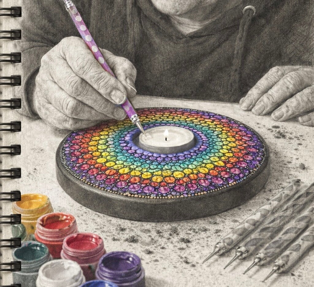 Een vrouw die een mandala steen aan het dotten is in de vorm van een memorie herinneringssteen 