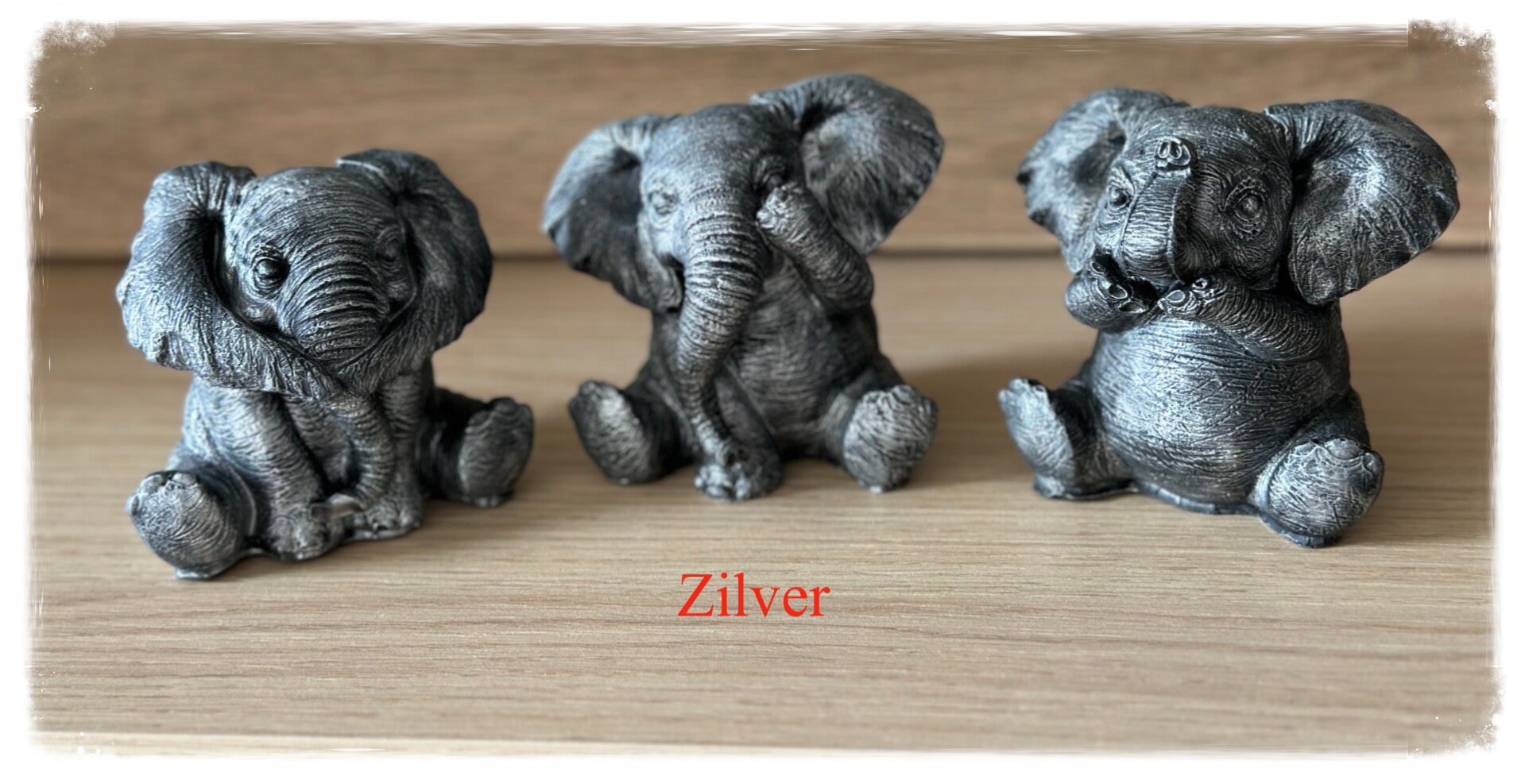 horen zien en zwijgen olifant beeldjes zilver wax handgemaakt gips