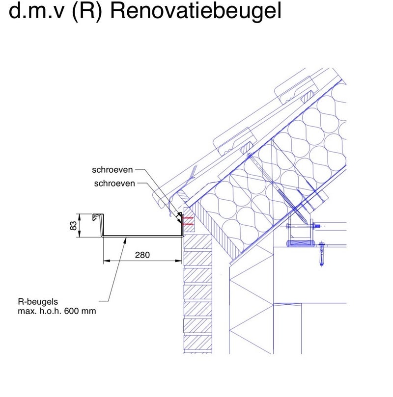 Technische tekening renovatiebeugel type Jumbo 280 – montage en maatvoering