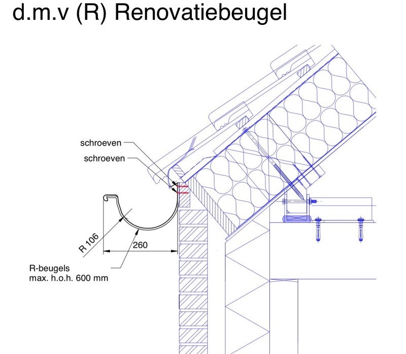 Technische tekening renovatiebeugel type M44 – montage en maatvoering