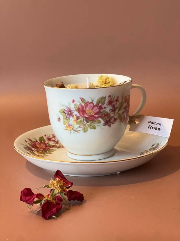 Bougie tasse vintage parfum Rose