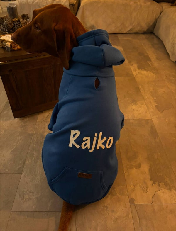 Hondentrui met naam blauw met witte letters