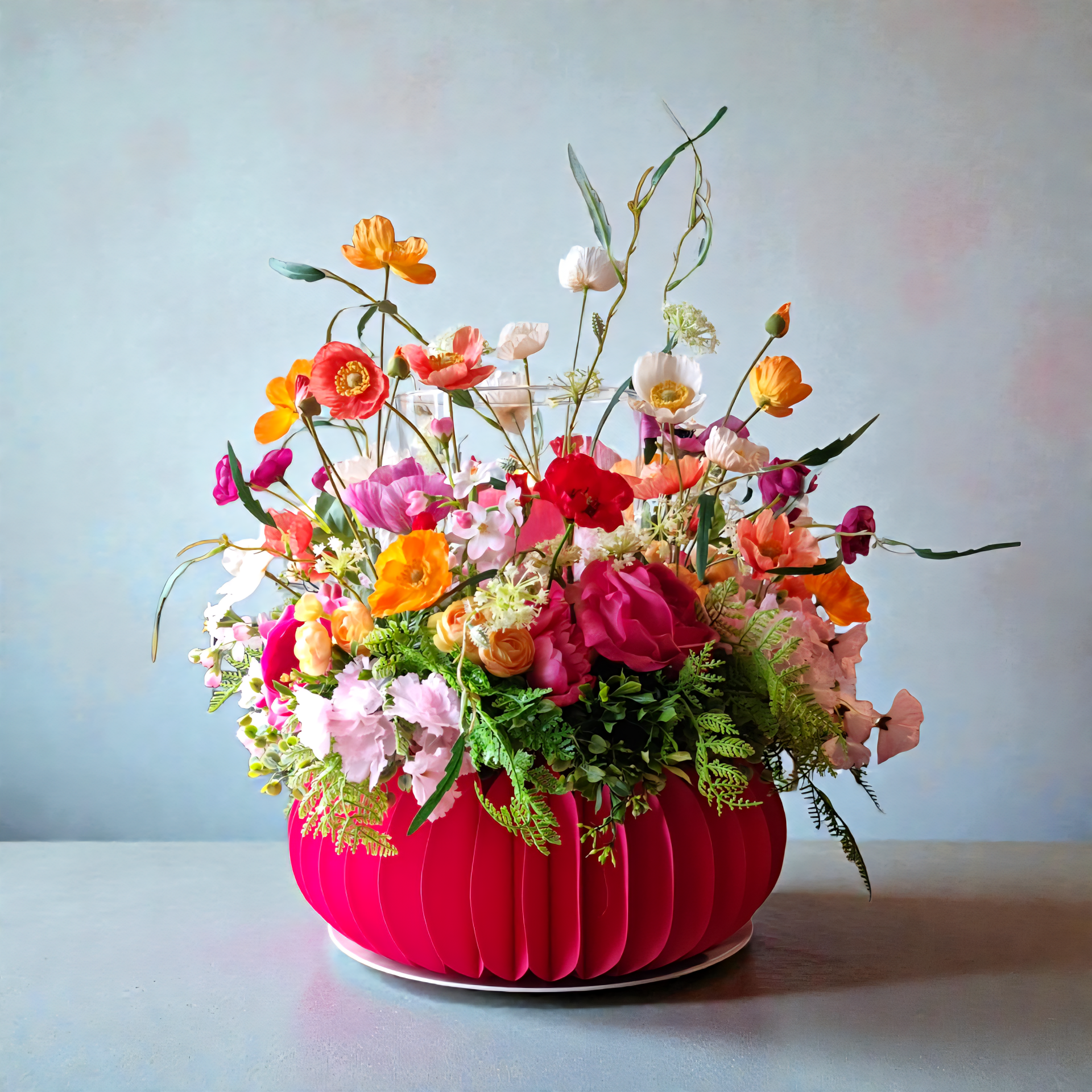 Sommerkranz Seidenblumen: Mohnkranz mit Kerze - "Wiesenleuten" - ⌀50xH48/H64