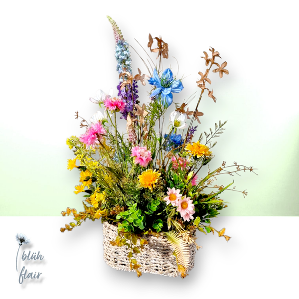 Seidenblumen Arrangement: Sommer Blumengesteck im Korb - Wiesen Stück (klein) - L40xB28xH54