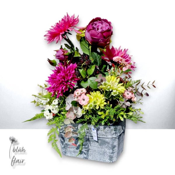 Seidenblumen Arrangement: Herbst Gesteck im Metallkorb - Herbstgarten - L38xB30xH55