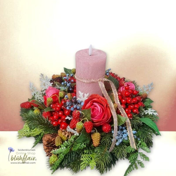 Seidenblumen Kranz: Rosenkranz mit Kerze - Rosmarie - ⌀38xH12/H27