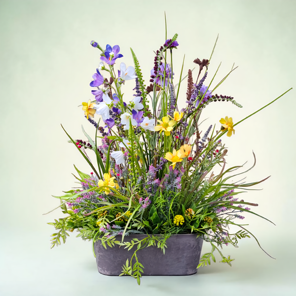 Sommergesteck Seidenblumen: Wiesenblumen in Schale - "Wiesenblick Nr.2" - L45xB28xH54