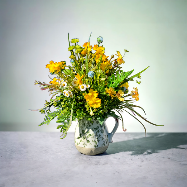 Sommergesteck Seidenblumen: Cosmea im Krug - "Wilder Cosmea Krug" - ⌀28xH41