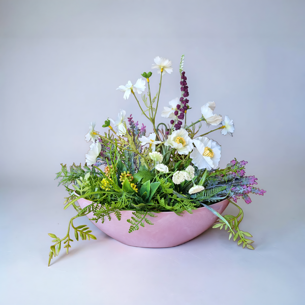 Sommergesteck Seidenblumen: Mohnblumen in Schale - "Kleine Sommerwiese" - L32xB17xH33