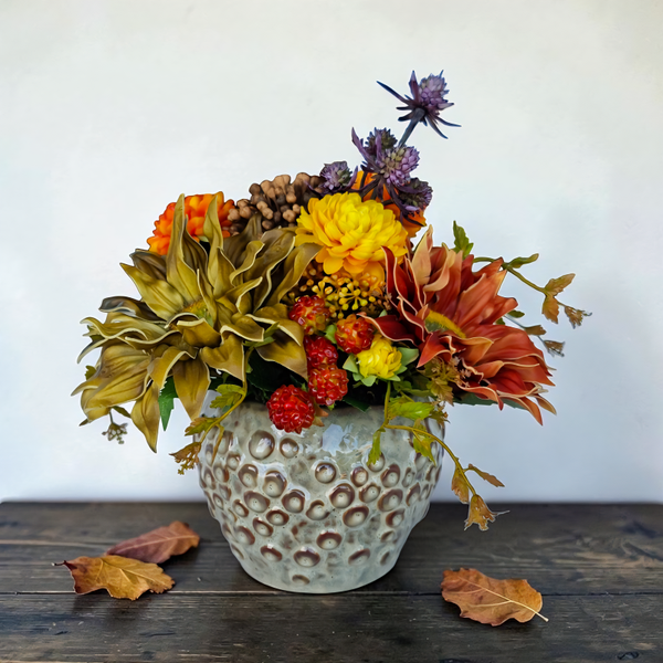 Herbstgesteck Seidenblumen: Sonnenblumen in Keramik - "Herbstsonne" - ø20xH22