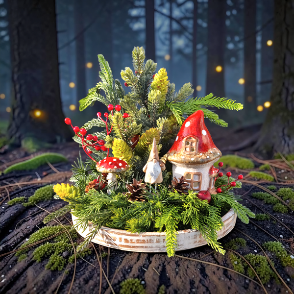 Weihnachtsgesteck: Kranz mit Wichtelhaus - "Wichtelheim" - D35xH28