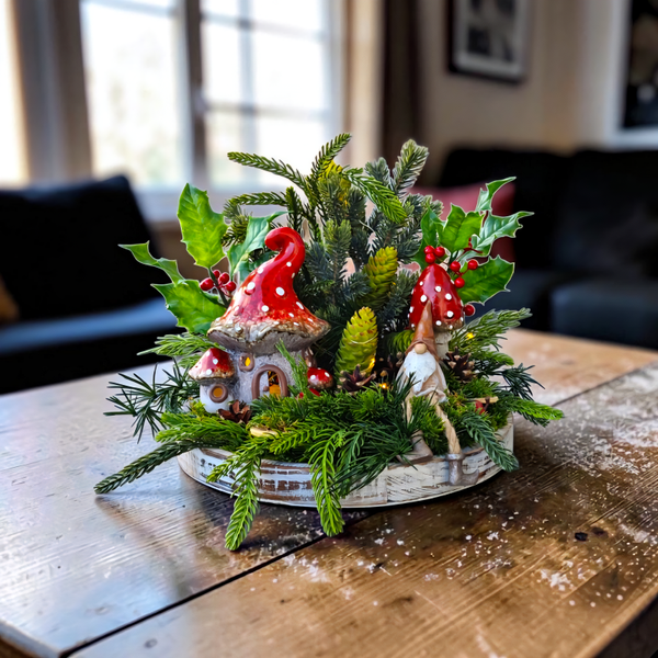 Weihnachtsgesteck: Kranz mit Wichtelhaus - "Wichtelheim 2" - D34xH28