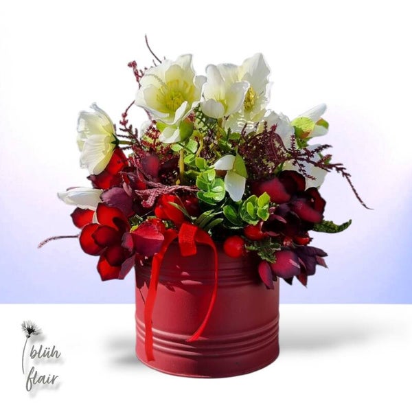 Seidenblumen Gesteck - Winter: Wintergesteck in Dose - "Kleine Winterfreude" (groß) - ⌀21xH23cm