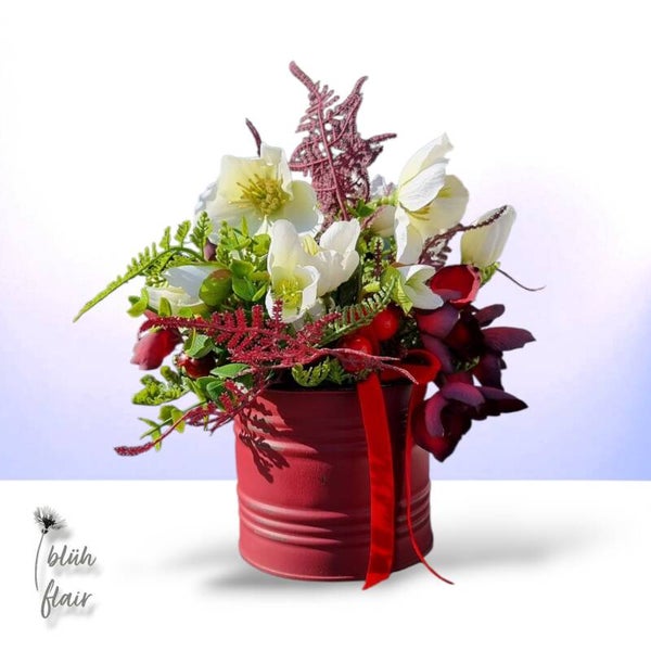 Seidenblumen Gesteck - Winter: Wintergesteck in Dose - "Kleine Winterfreude" (klein) - ⌀20xH20cm