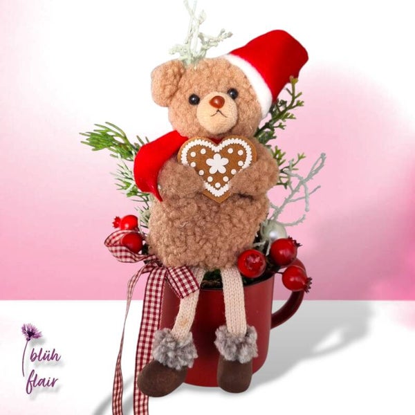 Weihnachtsarrangement: Teddy auf Tasse - Teddys Weihnachtsbecher Nr.2  - ⌀14xH20
