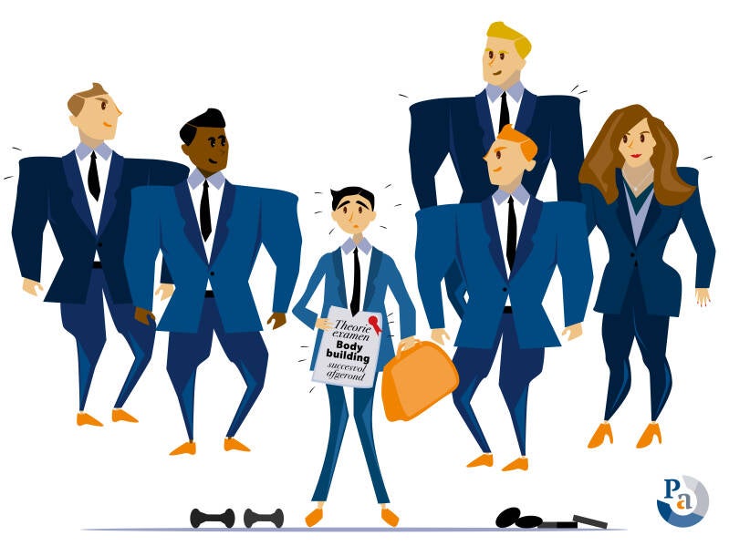 infographic met 4 masculiene mannen en 1 krachtige vrouw om een ielllig mannetje die in zijn handen een certificaat voor bodybuilding vast houdt