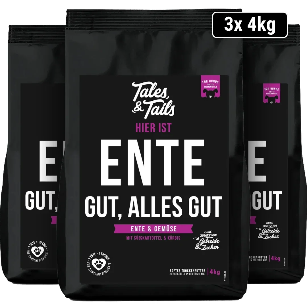 "Ente gut, alles gut" - softes Trockenfutter mit 70% Ente - 3 x 4kg