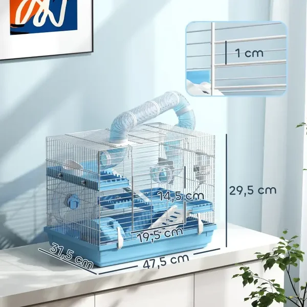 PawHut Tragbarer Hamsterkäfig mit Hütte, Laufrad, Napf, Wasserflasche, 47,5 x 31,5 x 29,5 cm, Hellblau